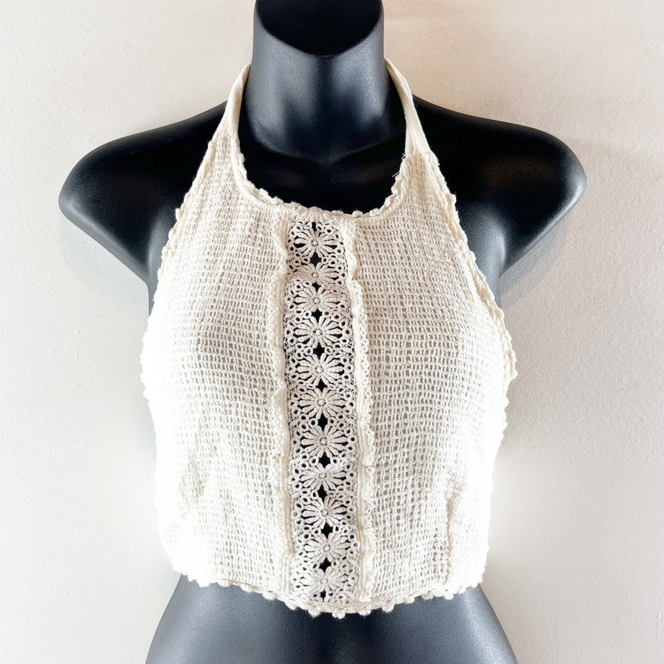 Free People Crochet Knit Tie Back Halter Tank Top White Small