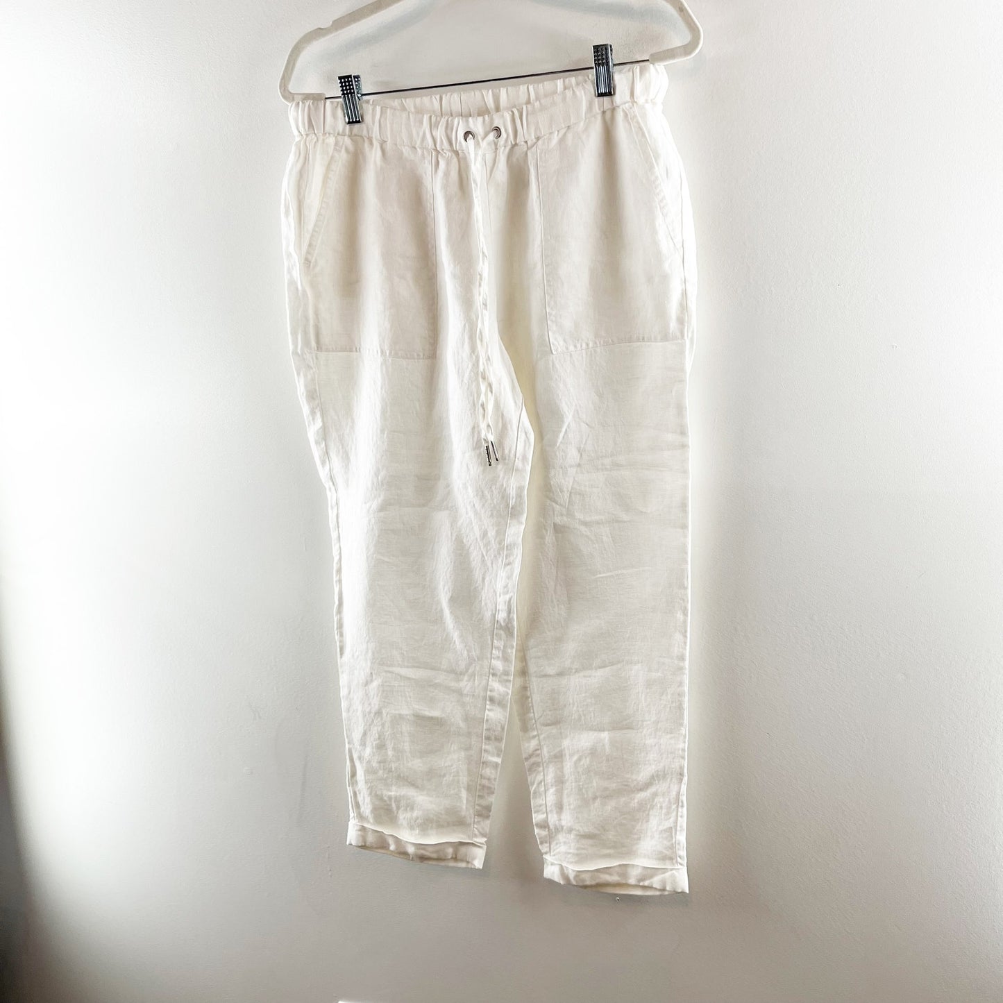 Pure Navy High Rise Linen Pull On Elastic Waist Ankle Pants White Medium