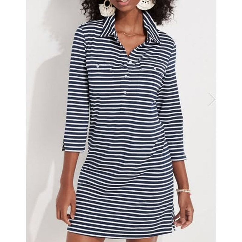 Vineyard Vines Sankaty Margo Stripe 3/4 Sleeve Polo Shirt Dress Navy White Small