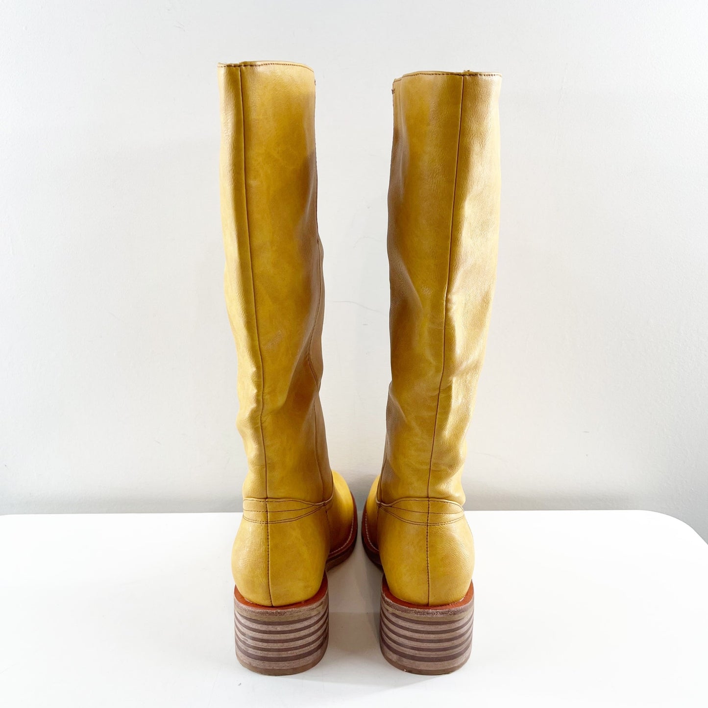 VBDB Knee High Square Toe Chunky Block Heel Boots Banana 7.5