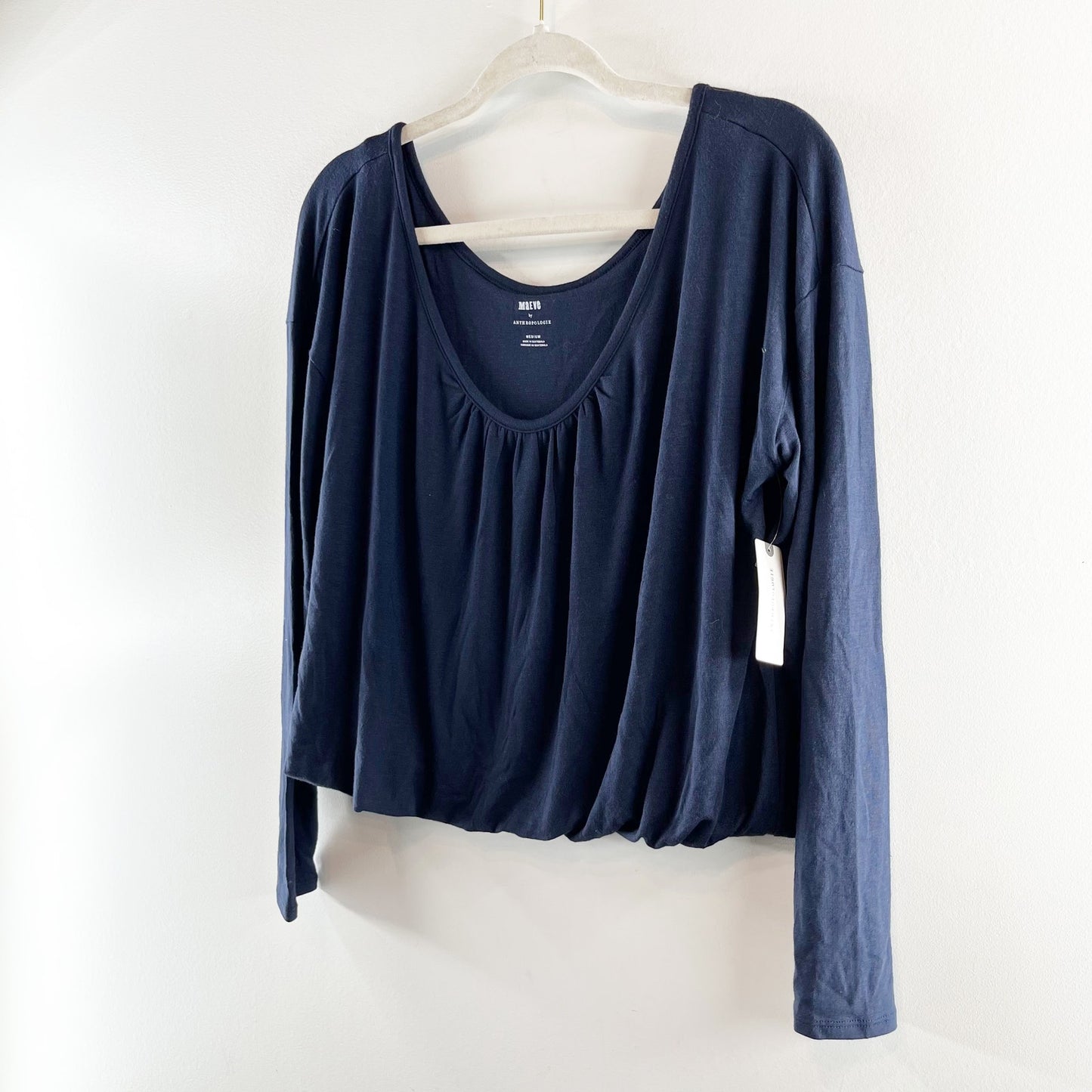 Maeve Anthropologie Long Sleeve Bubble Hem Cropped Tee Shirt Top Navy Blue M