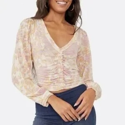 Free People Say The Word V Neck Long Sleeve Floral Ruched Top Pink Small