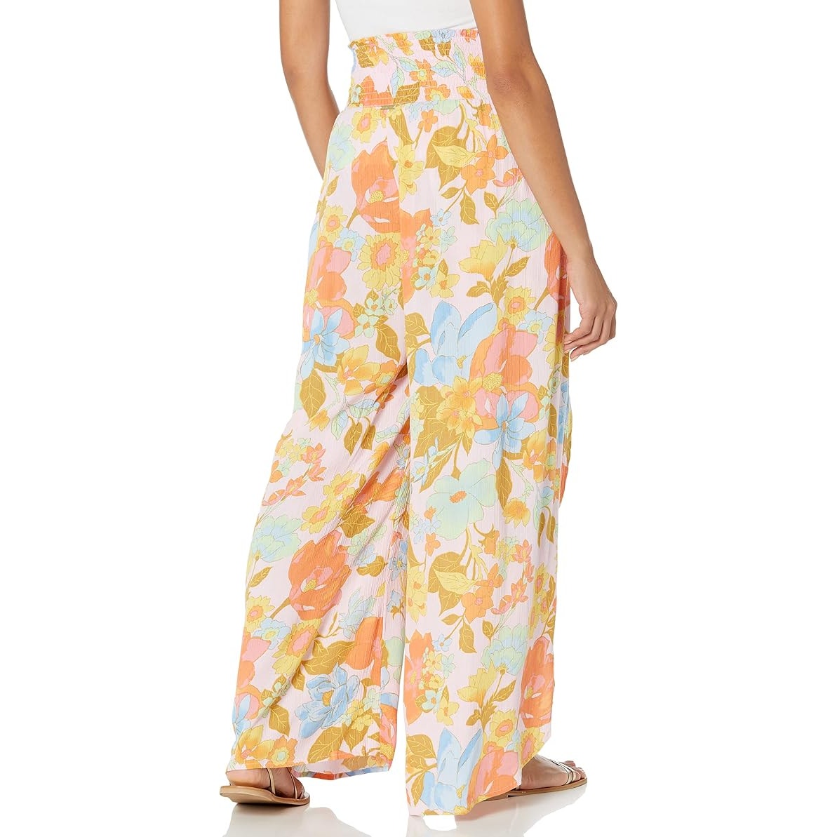 Billabong Wandering Soul 2 Floral Smocked Wide-Leg Pants Yellow Orange Small