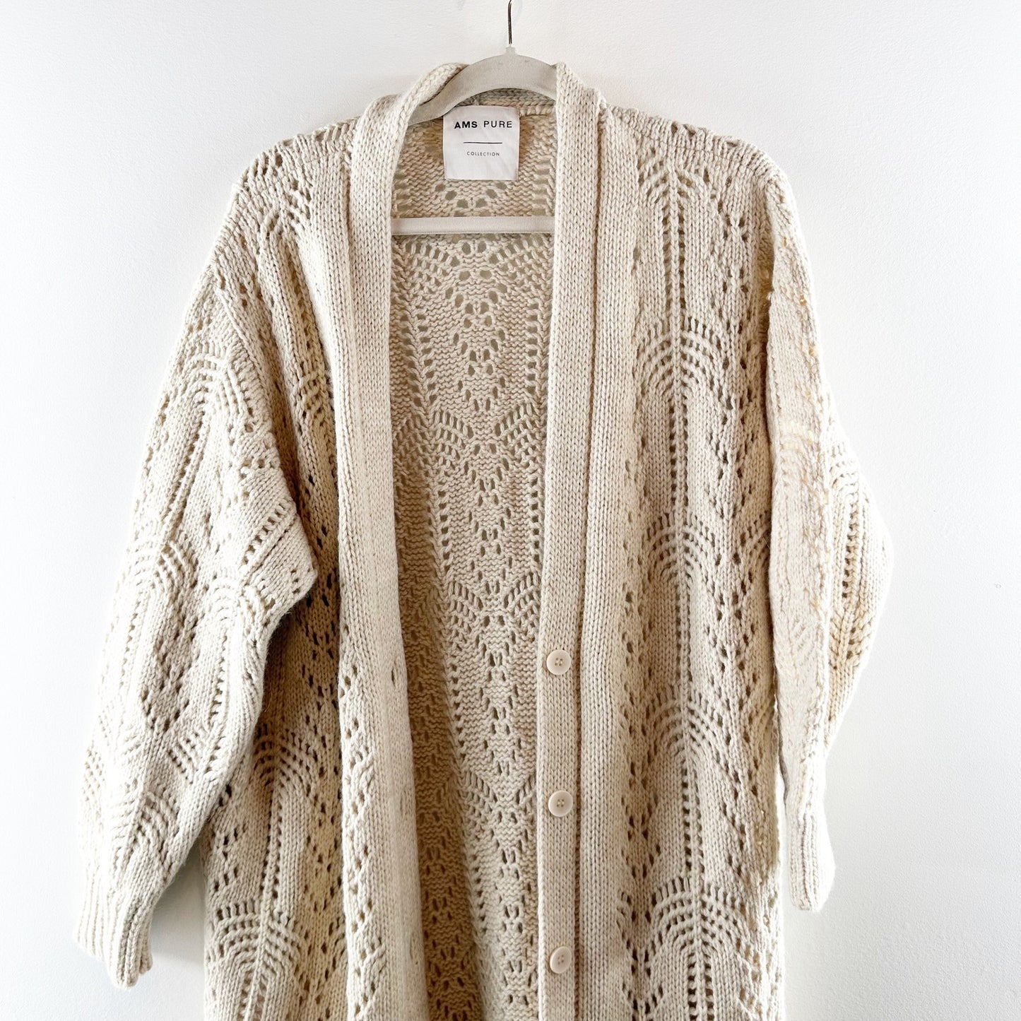 AMS Pure Longline Duster Pointelle Knit Button Up Cardigan Sweater Beige Medium