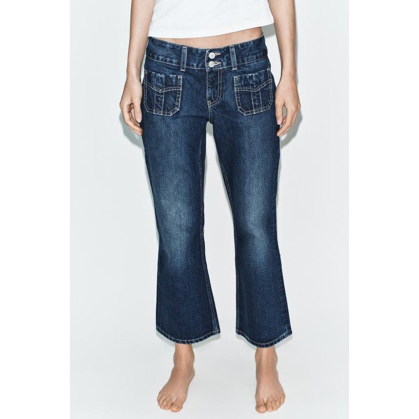 Zara Low Rise Patch Pocket Dark Wash Denim Flare Jeans Blue 0