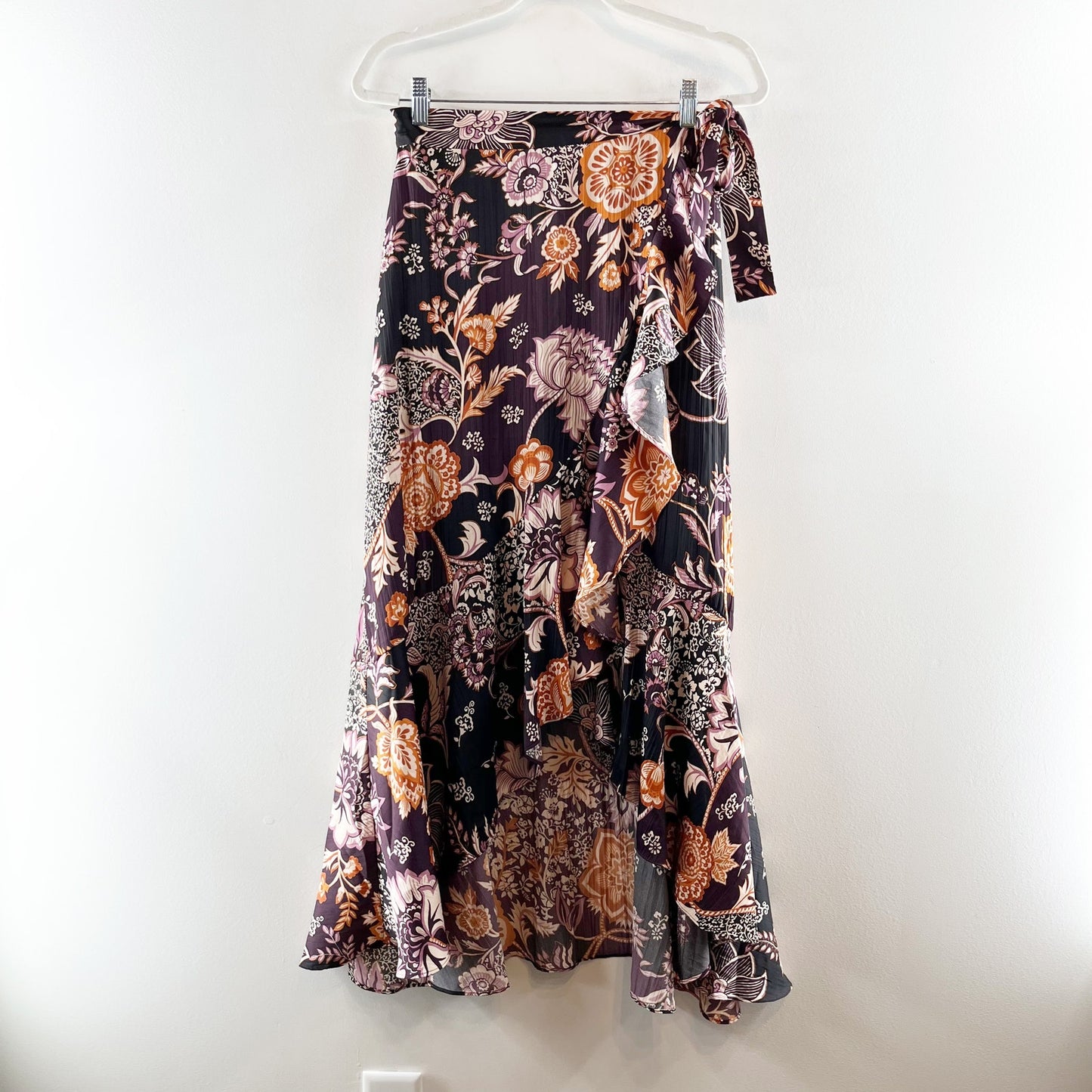 Maeve Anthropologie Wrap Side Tie Ruffle Hem Satin Floral Midi Skirt Purple XS