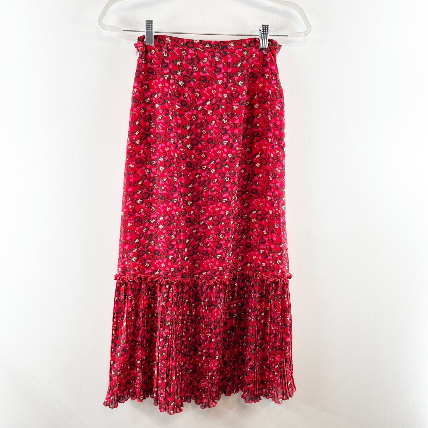 Ganni Pleated Floral-Print Crepe Side Slit Ruffle Trim Midi Skirt Red 34