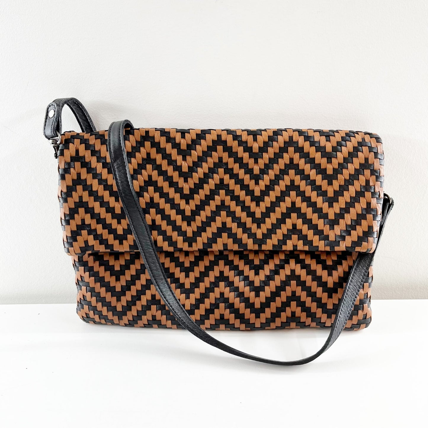 Eileen Fisher Chevron Crossbody Foldover Purse Bag Leather Brown Black