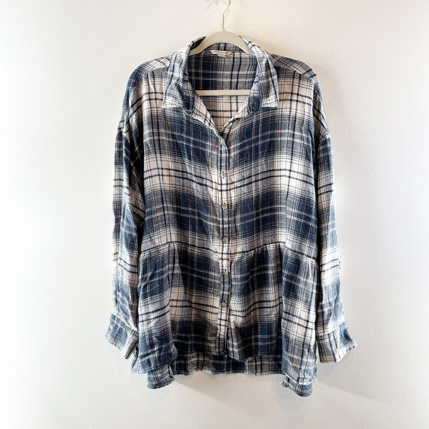 American Eagle Long Sleeve Plaid Button Down Peplum Flannel Top Blue Large