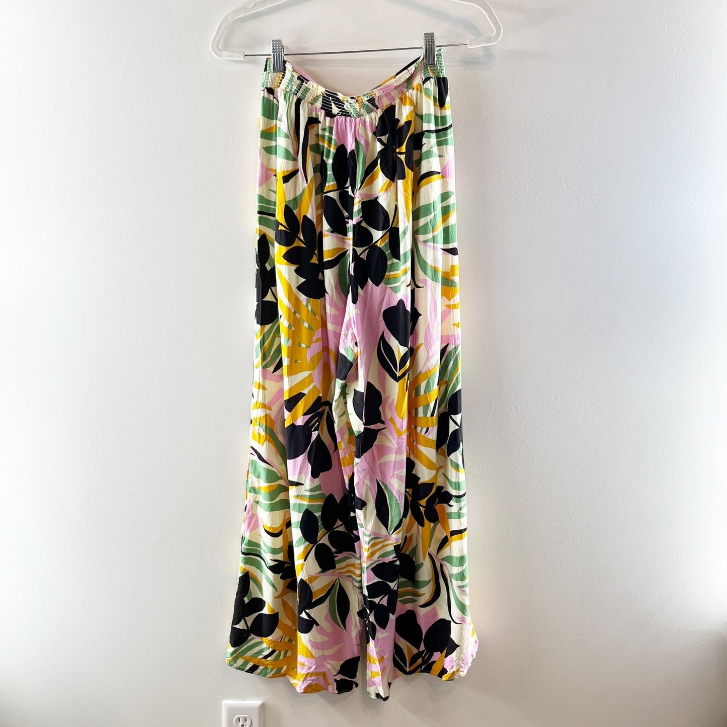 Maaji Tropical Print High Waisted Belted Wide Leg Palazzo Pants Pink Medium