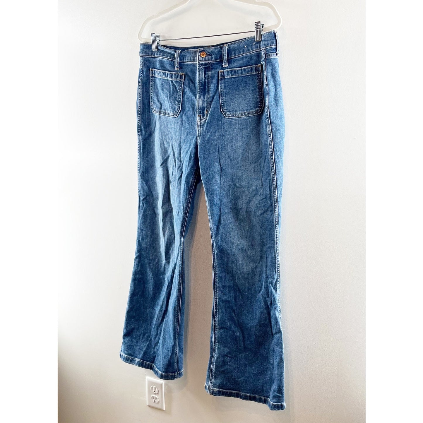 GAP High Rise 70's Flare Patch Pocket Jeans Blue 14 Petite