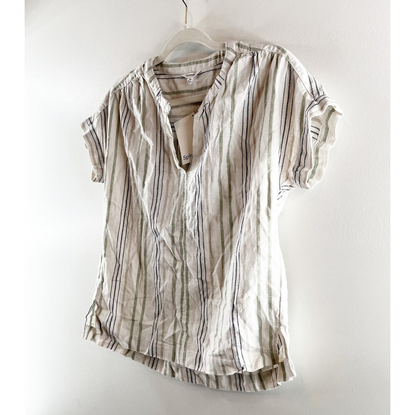Splendid Short Sleeve Linen Blend Striped Basic Tee Shirt Top Blouse Tan XS