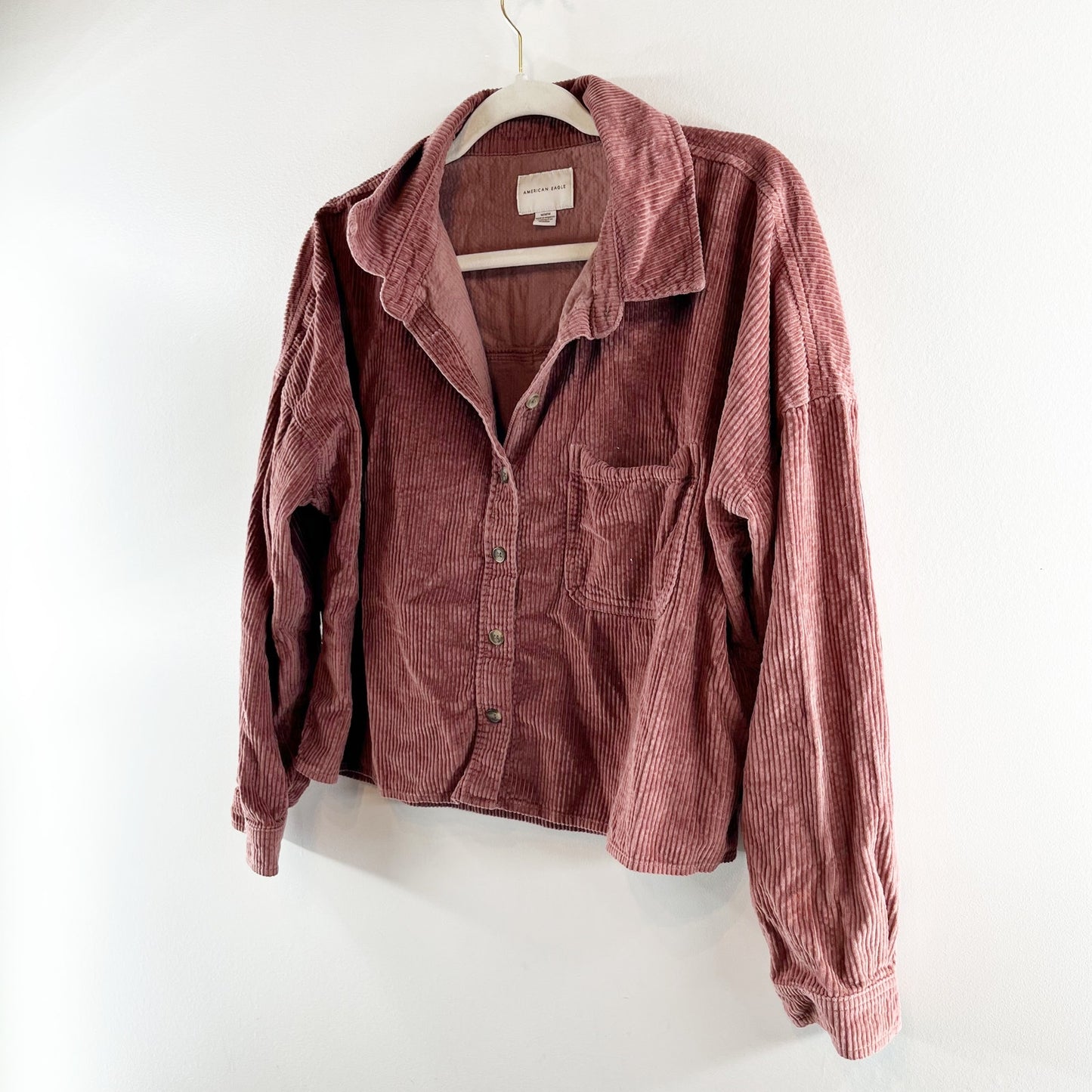 American Eagle Cropped Corduroy Button Up Shirt Brown Medium