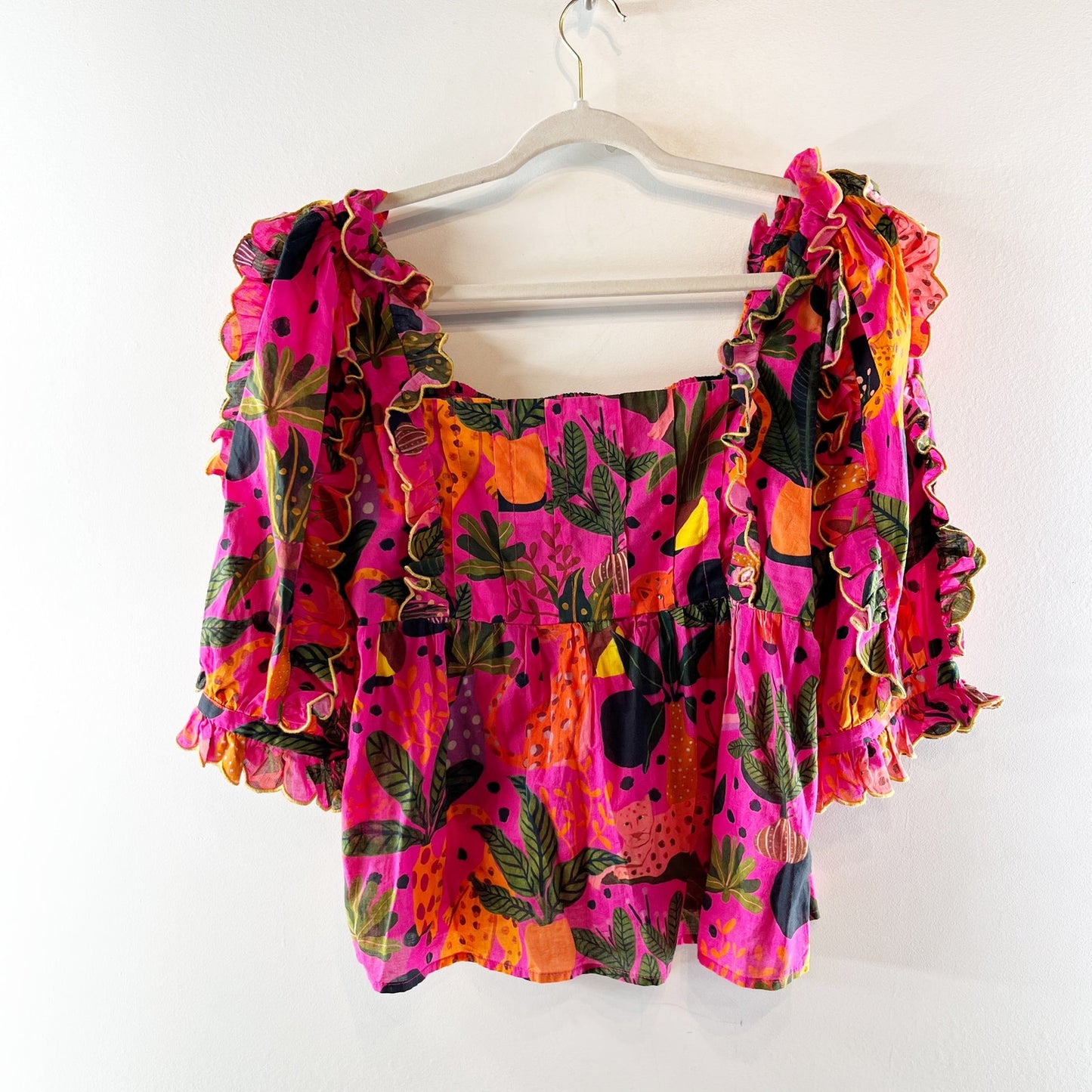 FARM Rio Pop Leopards Floral Puff Sleeve Ruffled Cotton Blouse Pink Large