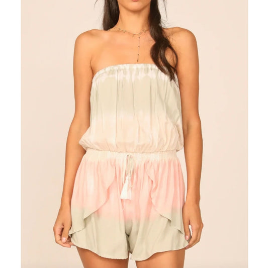 Ocean Drive Strapless Tie Dye Ombre Layered Shorts Romper Gray Pink Medium