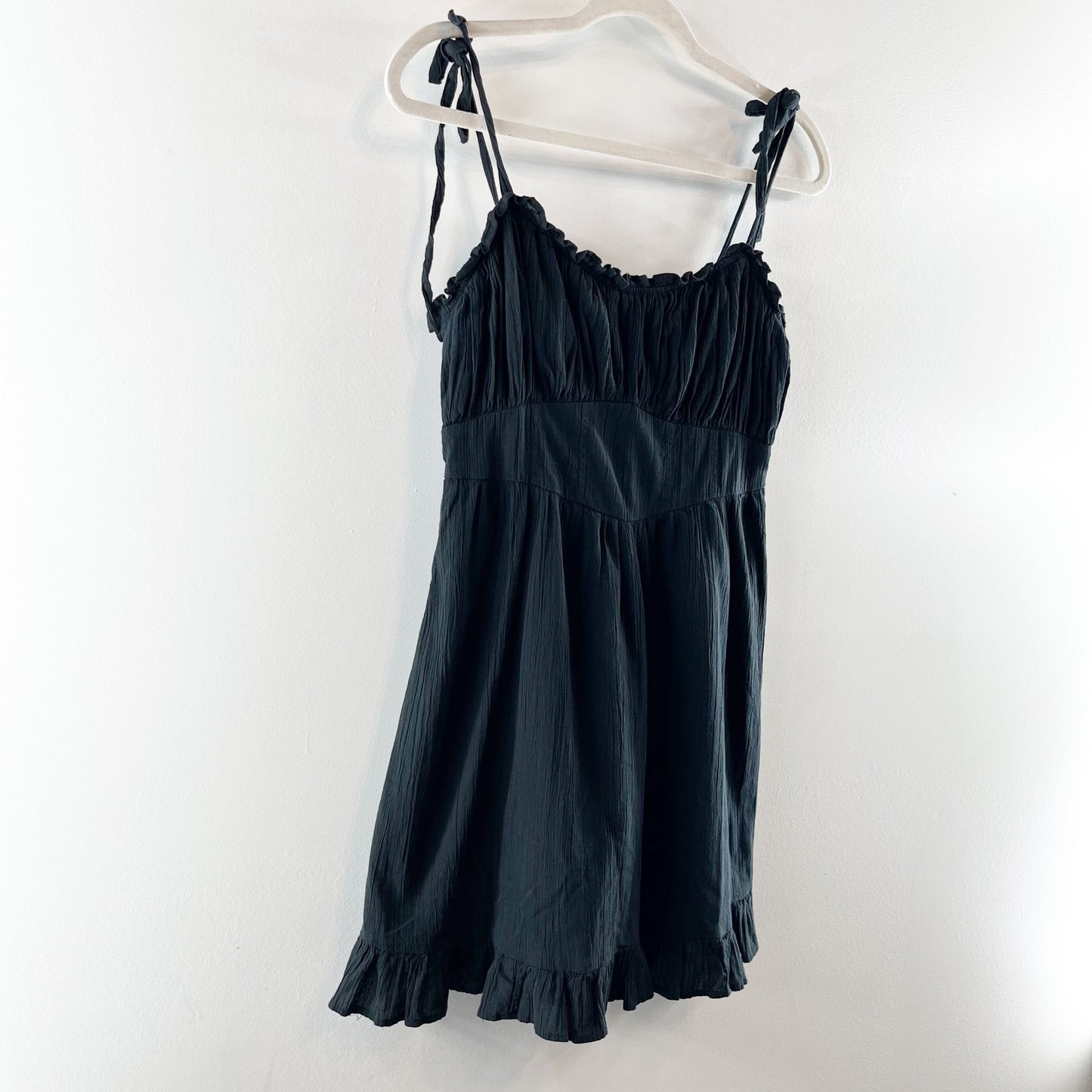 Aerie Tie Spaghetti Straps Ruffle Hem Cotton Mini Dress Black Medium