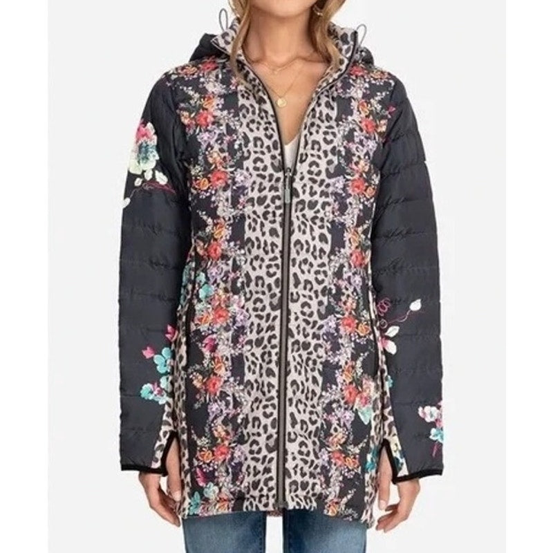 Johnny Was Lubello Reversible Full Zip Leopard Floral Puffer Jacket Black Large