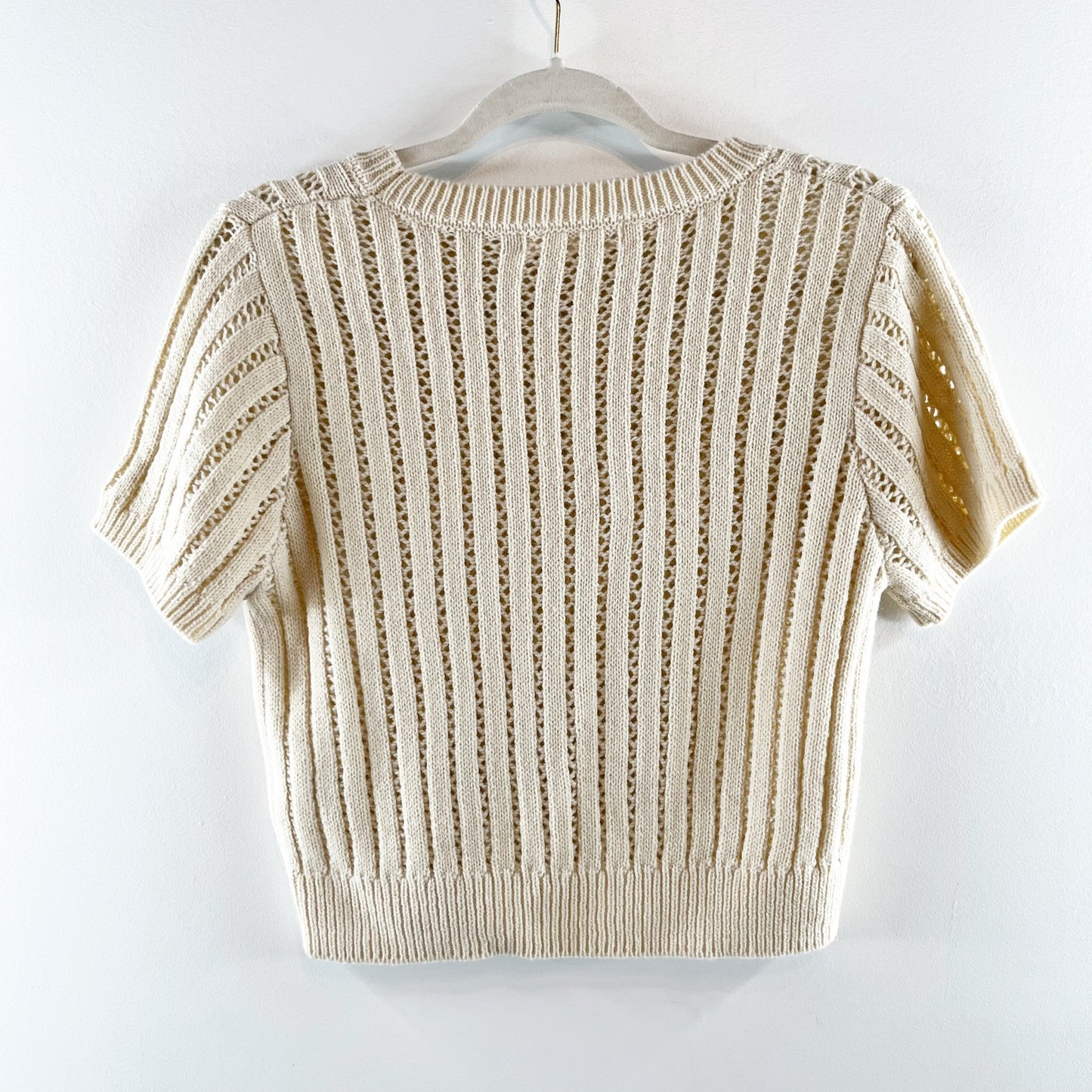 Elodie Short Sleeve Crochet Knit Cropped Sweater Tee Shirt Tan Beige Small