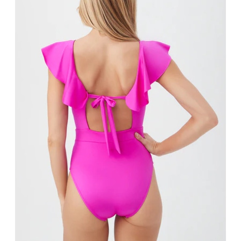Trina Turk Swim Monaco Solids Ruffle V-Neck One Piece Swimsuit Stargazer Pink 6