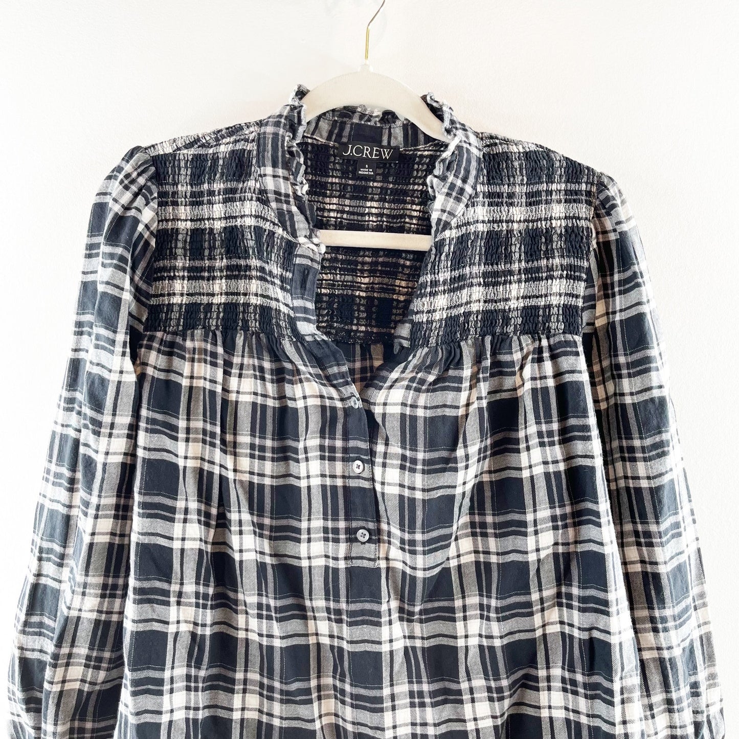 J. Crew Ruffleneck Flannel Popover Blouse Top Berkshire Plaid Black White Small