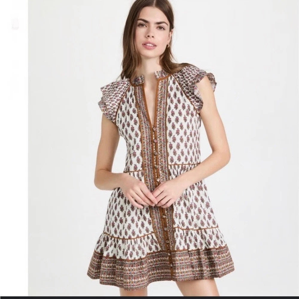 Veronica Beard Amoura Boho-Floral Flutter Sleeve Mini Dress Brown White 4
