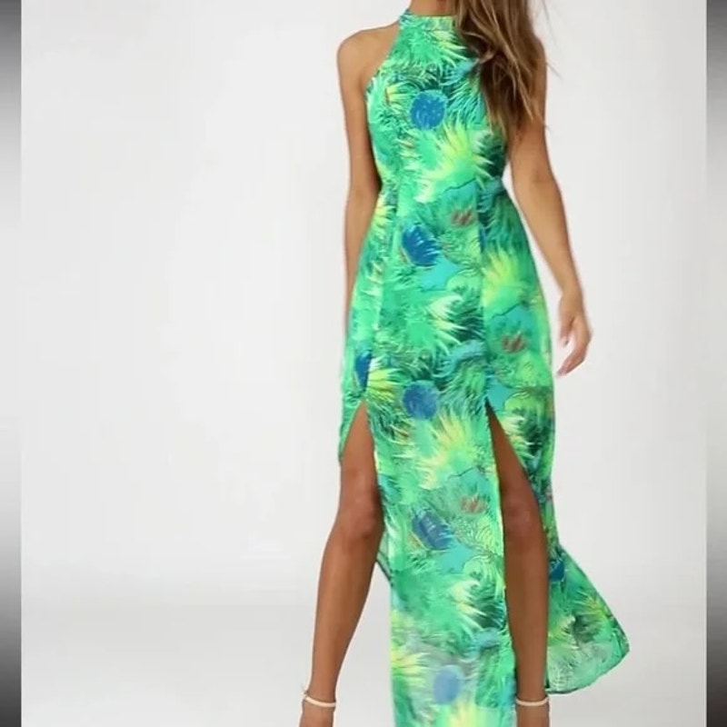 Lulus Tropic Of Discussion Floral Tropical High Neck Maxi Dress Green Medium