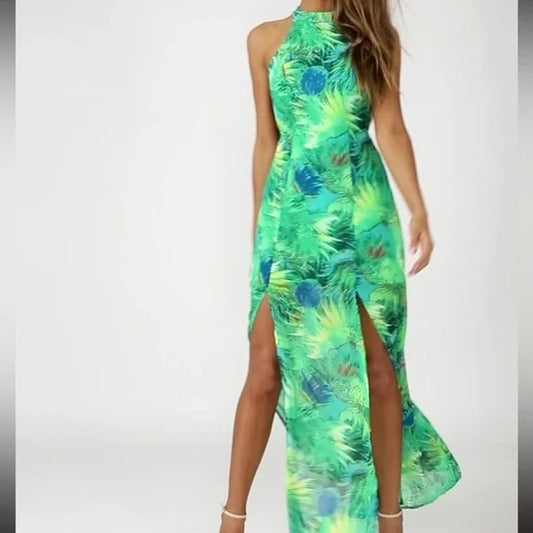 Lulus Tropic Of Discussion Floral Tropical High Neck Maxi Dress Green Medium
