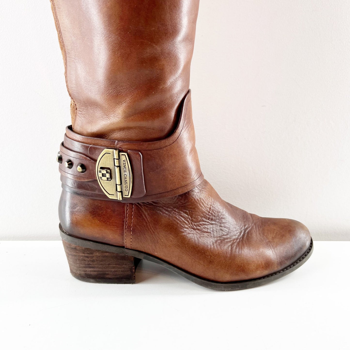 Vince Camuto Leather Beatrix Block Stacked Heel Knee High Riding Boots Brown 7.5