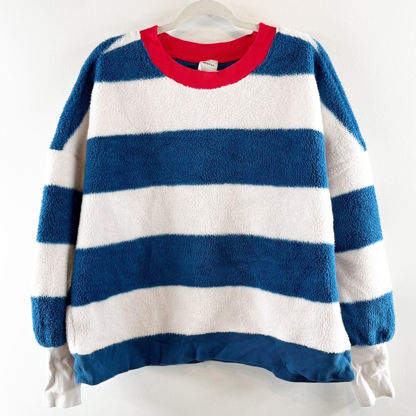 Maeve Anthropologie Cotton Sherpa Fleece Striped Sweater Blue White Medium