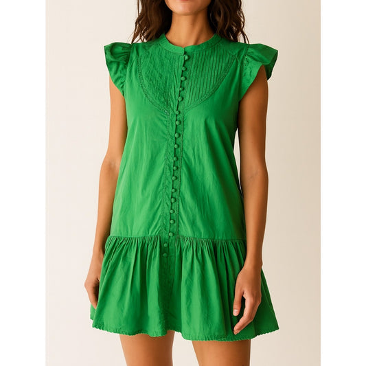 Caroline Constas Ruffle Cap Sleeve Button Up Drop Waist Ruffle Mini Dress Green