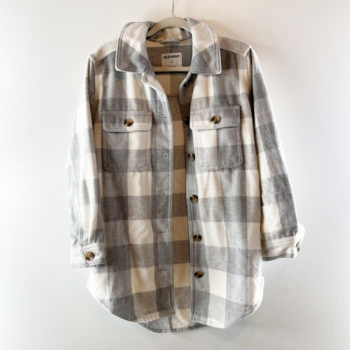 Old Navy Soft Brushed Utility Buffalo Plaid Check Shacket Gray White XS
