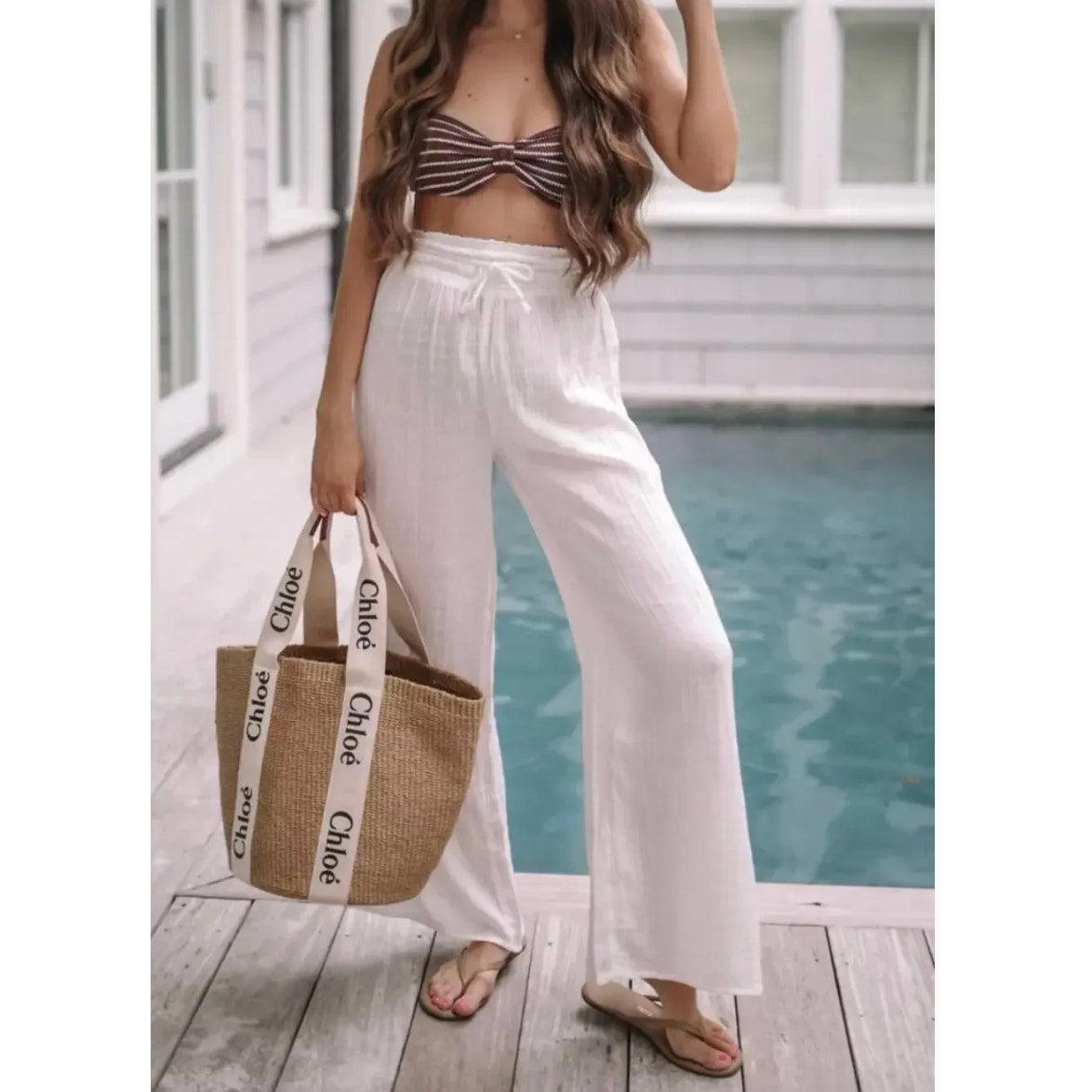 Abercrombie & Fitch Gauzy High Waisted Wide Leg Beach Pants White Medium