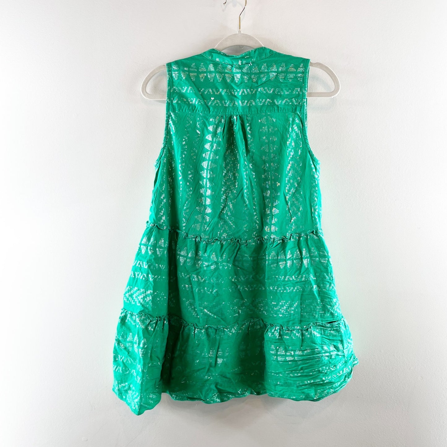 Elan Sleeveless V Neck Metallic Tiered Babydoll Mini Dress Green Small