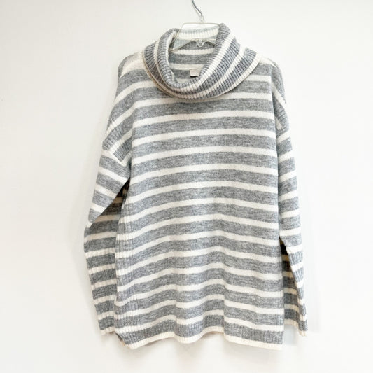 Loft Long Sleeve Striped Soft Turtleneck Sweater Gray White Small
