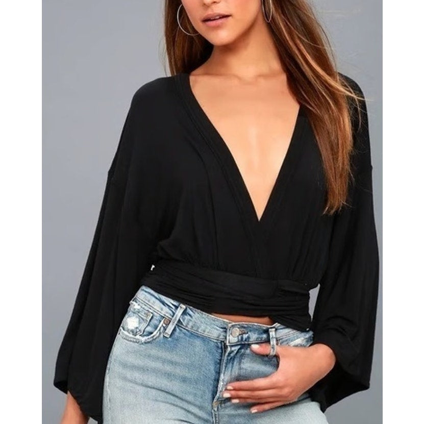 Free People Thats a Wrap Bell Long Sleeve V-Neck Crop Top Black Small