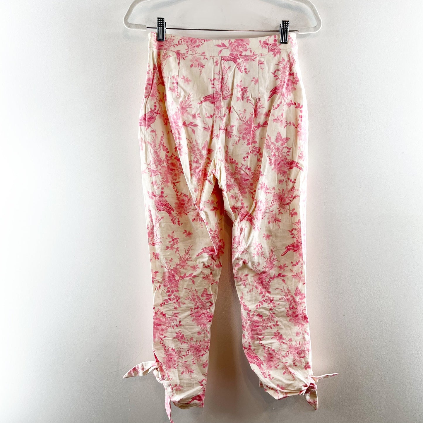 Majorelle Brexley High Rise Cropped Floral Linen Tie Hem Pants White Pink Small