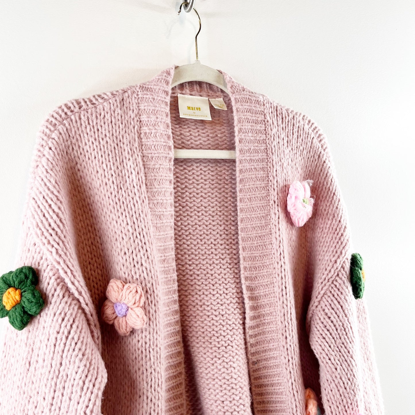 Maeve The Susannah 3D Flower Open Knit Chunky Cardigan Sweater Pink O/S