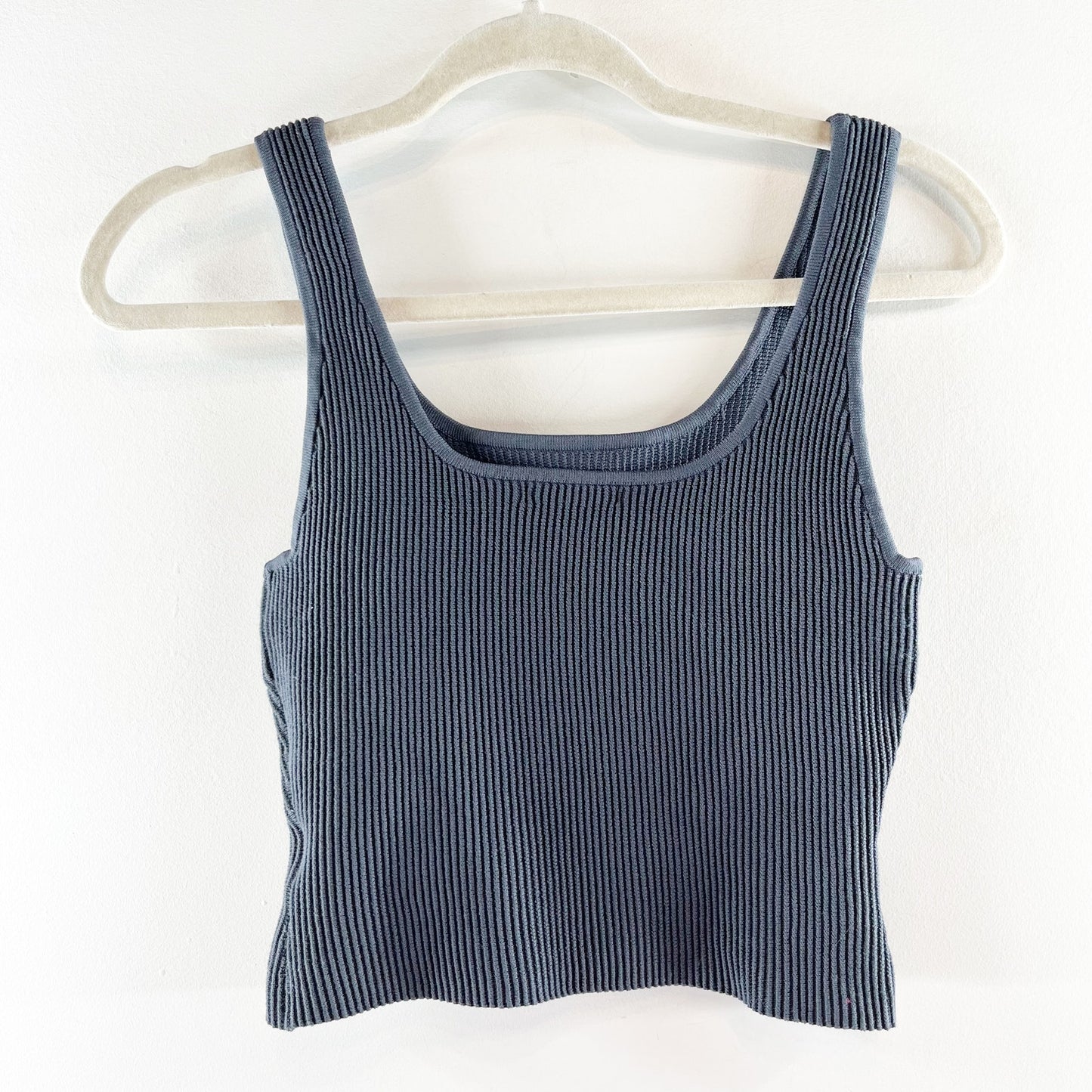 Quince Ribbed Square Neck Cropped Tank Top Gray Blue Small