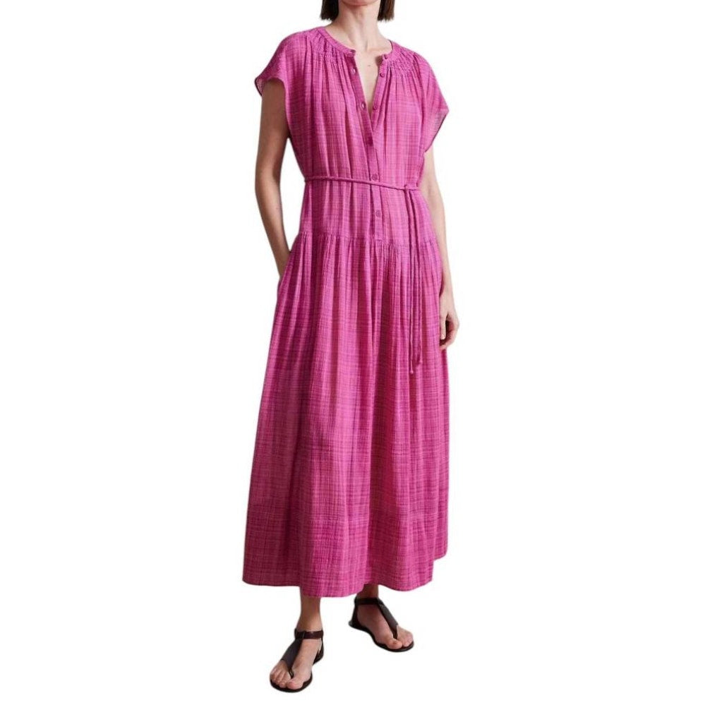 Apiece Apart Forte Short Sleeve Belted Cotton Maxi Dress Raspberry Pink Medium