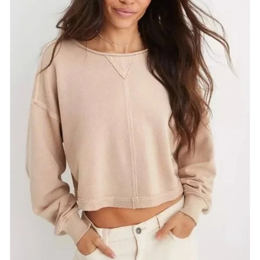 Aerie Beach Party Cropped Long Sleeve Crewneck Sweatshirt Top Tan Large