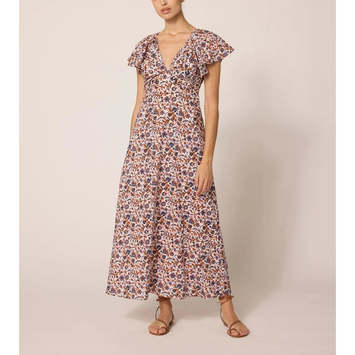 Cleobella Briar Ankle Floral Maxi Short Ruffle Flutter Sleeve Dress Maroon M
