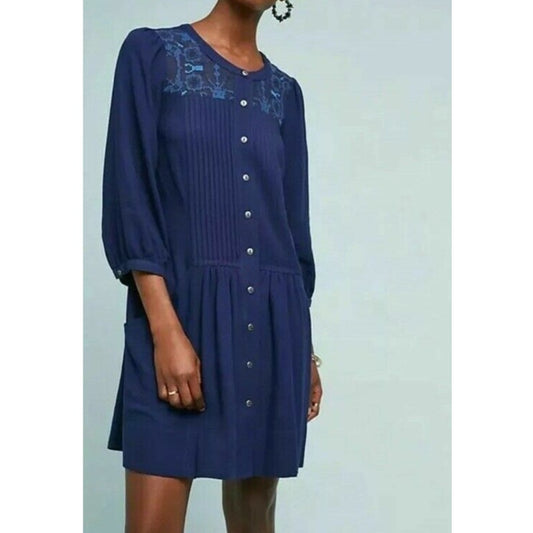Anthropologie Dubois Pleated Embroidered Tunic Mini Dress Blue 14