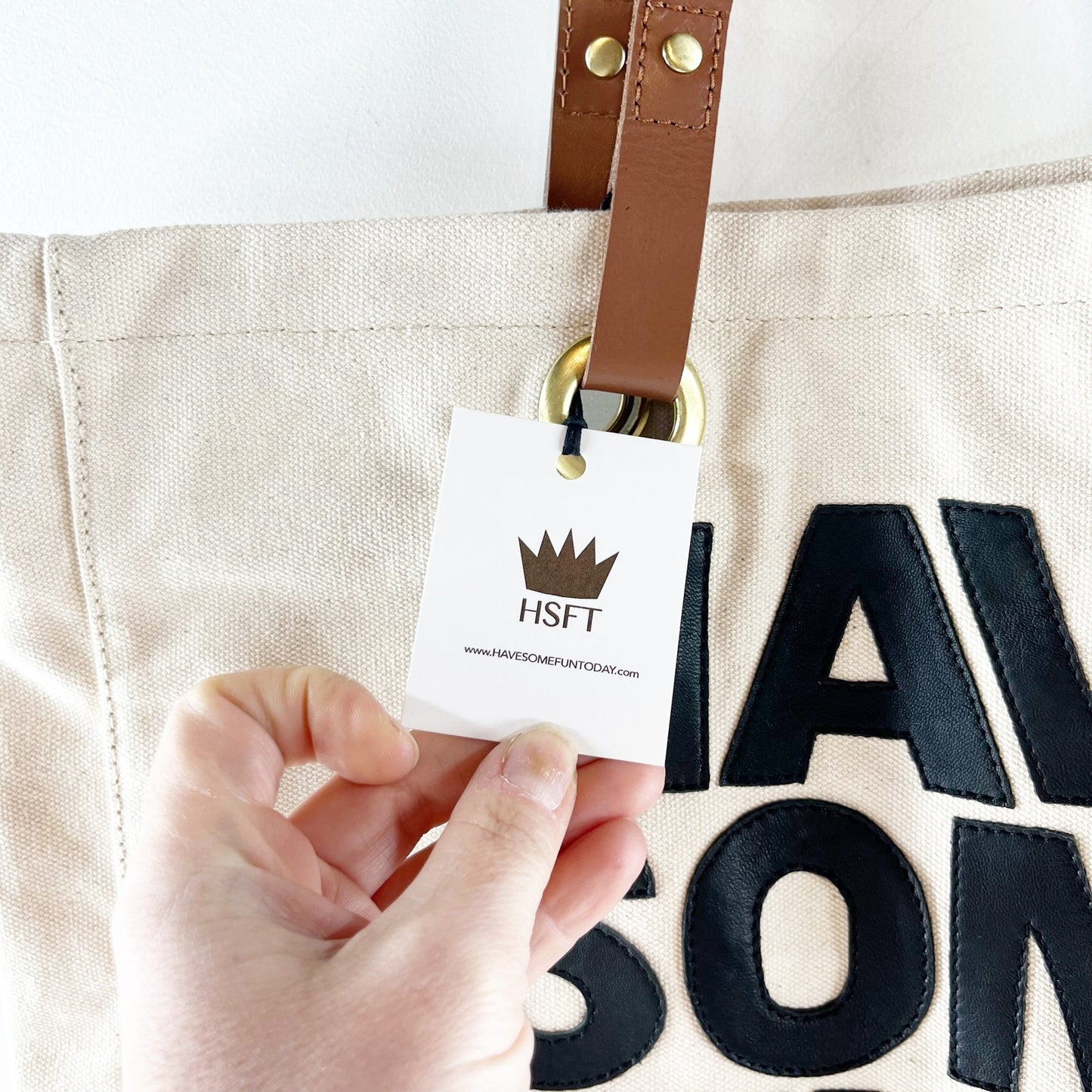 HSFT Have Some Fun Today Luxe Canvas Tote Bag Cream Black Brown