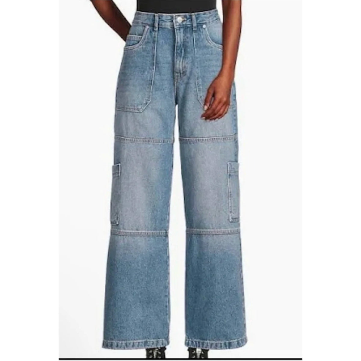 Avec Les Filles High Rise Wide Leg Carpenter Cargo Jeans Blue 26