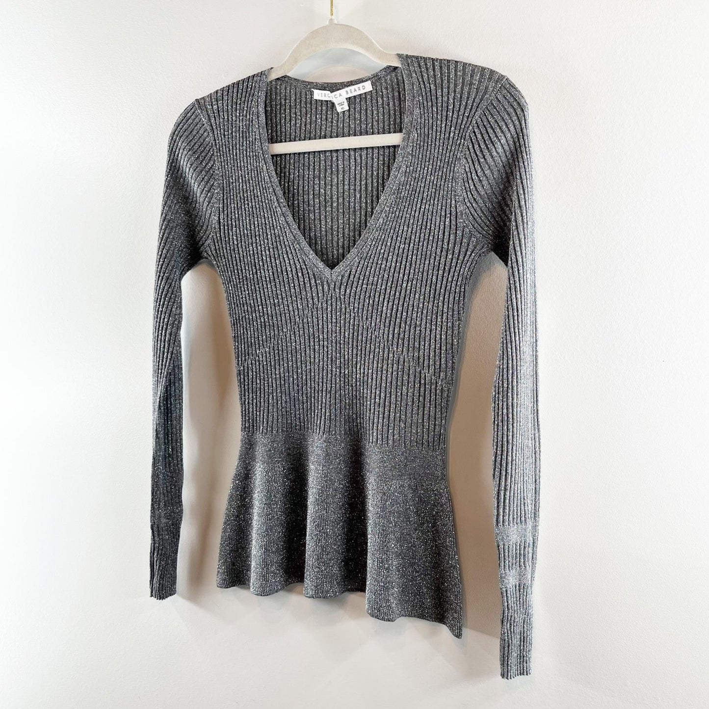 Veronica Beard Esmeralda Metallic V-Neck Ribbed Knit Peplum Sweater Gray XS