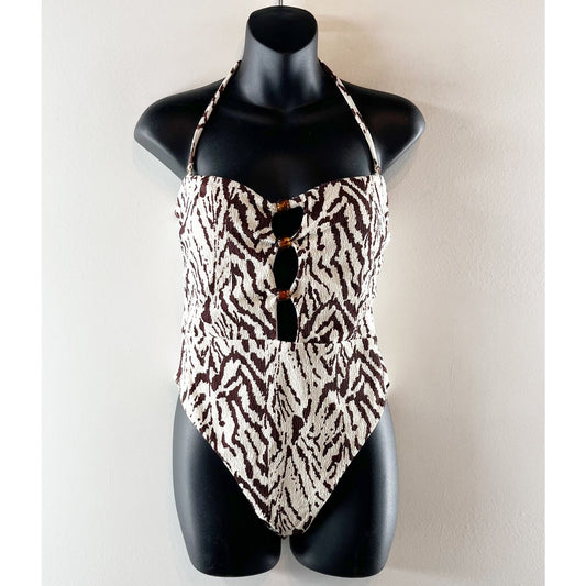 Rebecca Minkoff Sweetheart Halter Neck One Piece Swimsuit Striped Zebra Medium