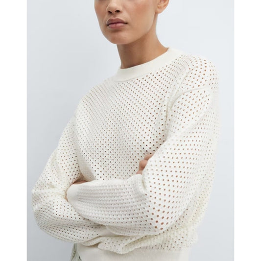 MNG by Mango Long Sleeve Round-Neck Knit Openwork Pullover Sweater White Large