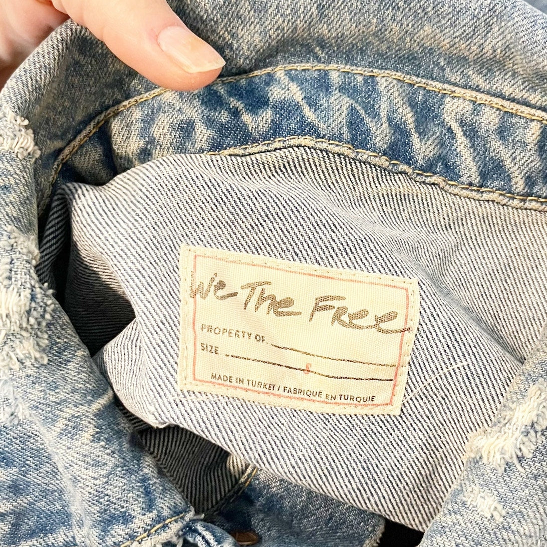 Free People Amelia Slouchy Raw Hem Trucker Jean Denim Jacket Blue Small