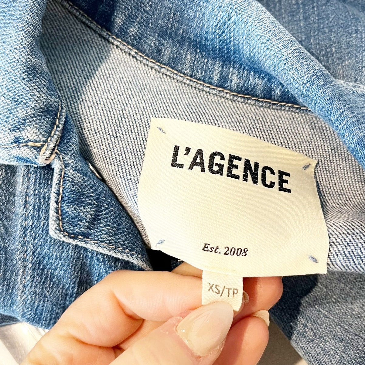 L'agence Janelle Long Sleeve Raw Hem Cropped Denim Trucker Jacket Blue XS