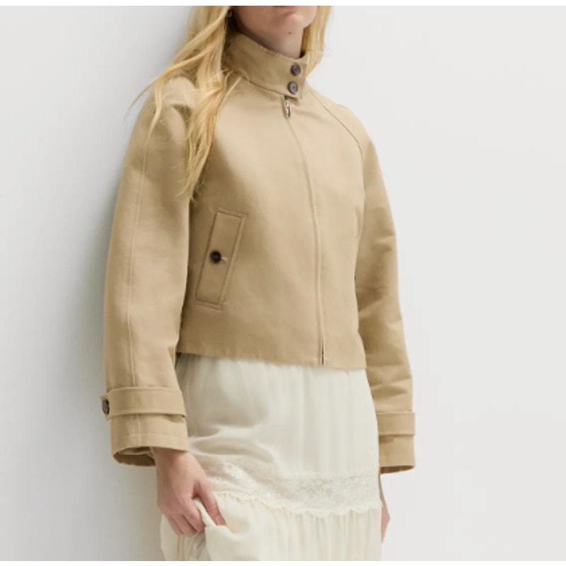 M&S Stand Collar Bomber Cropped Trench Coat Jacket Tan Beige 4